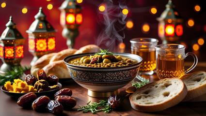Fototapeta premium Steaming bowl of lentil soup with olives, bread, dates, and tea in warm festive setting