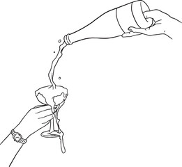A bottle of sparkling wine or champagne pouring into a coupe glass, overflowing with bubbly foam. This dynamic line art illustration captures a moment of joyful celebration. © Naichoui