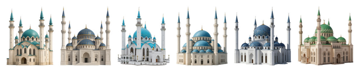 Fototapeta premium Mosques set including diverse architectural styles with blue, teal, and green domes isolated. Islamic religious architecture collection.