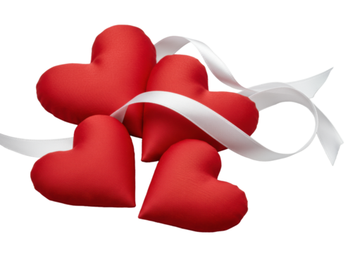 Three vibrant red fabric hearts with visible stitching, overlapping, white satin ribbon draped on a solid transparent background, close-up, minimalist product photography concept