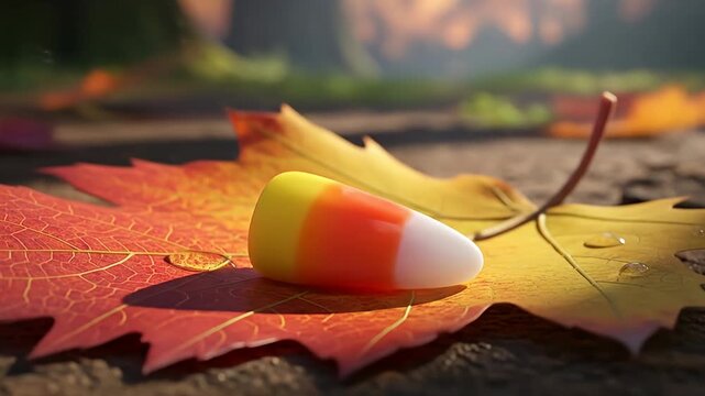 Candy corn resting on autumn leaf with blurred background of fall foliage