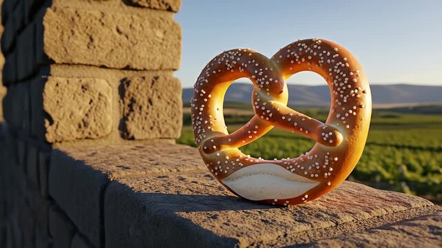 A freshly baked pretzel rests on a stone wall, with a scenic vineyard and mountains in the background