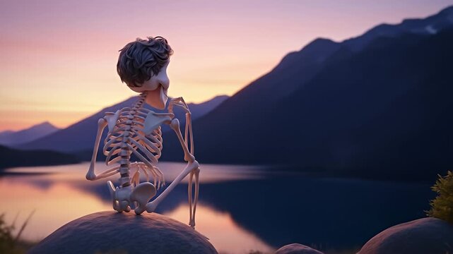 A whimsical skeleton figure sitting on a rock, gazing at a serene lake during sunset, with mountains in the background