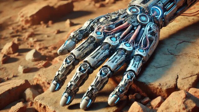 Video of cybernetic hand with organic and mechanical fusion resting on rocky surface.
