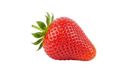 Isolated close-up of a red strawberry with green stem and leaves in a centered shot