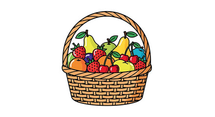 A colorful cartoon basket filled with a variety of fruits including pears cherries and strawberries ai generated