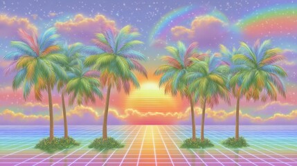 Naklejka premium Pastel Sunset with Rainbow and Colorful Palm Trees on Retro Grid Beach