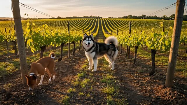 Two dogs exploring a vineyard at sunset, surrounded by lush green grapevines and hills