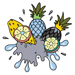 Vibrant tropical fruit explosion with pineapples, bananas, and citrus splashes