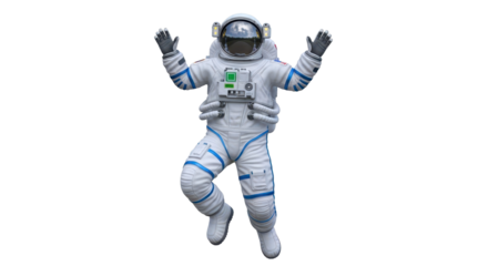 Isolated Astronaut in Space Suit with Raised Arms Floating in Space Looking Upward