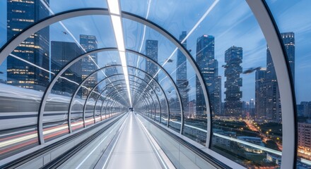 Fototapeta premium Futuristic City Tunnel: Modern Architecture, Urban Landscape, Evening Light, Perspective.