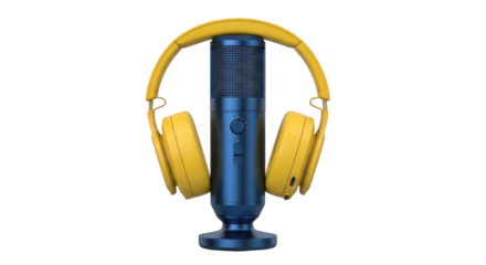 Isolated podcast microphone with yellow headphones for streaming, broadcast, and music recording