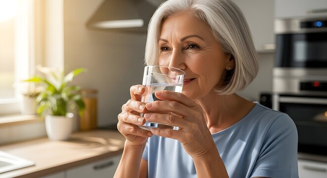 A smiling senior woman holding a glass of water in a bright kitchen, enjoying the sunlight. - Powered by Adobe