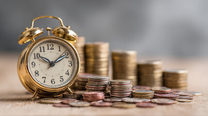 Vintage golden alarm clock surrounded by stacked coins representing time value money financial planning concept