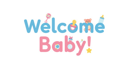 Adorable newborn greeting design featuring pastel shades, baby toys and playful fonts, a cute design for a newborn welcome card or decoration