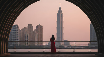 Woman in red dress gazing at dubai skyline from an archway during sunset offering a sense of wonder and travel inspiration for tourism and architecture