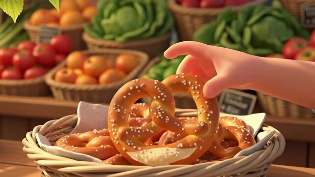 A vibrant market scene featuring a hand reaching for a freshly baked pretzel among colorful produce