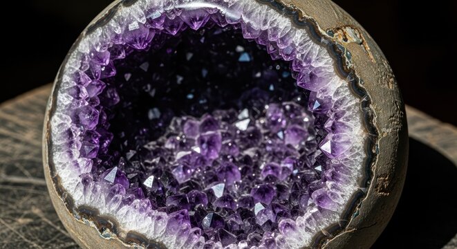 Amethyst geode with purple crystals inside a hollow rock shell.