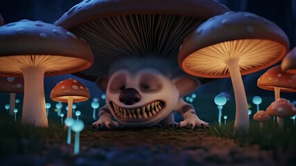 A mischievous creature lurking beneath oversized mushrooms in a mystical forest at night