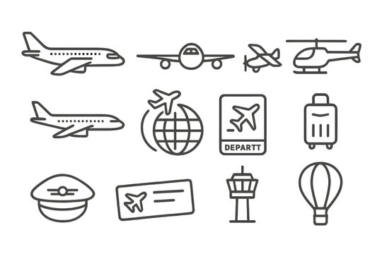 Fototapeta Air travel icons showcasing various modes of transportation and travel essentials in a simple design