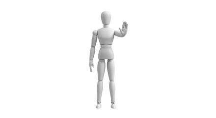 Isolated articulated mannequin showing stop gesture, studio shot; concept of no, halt, end