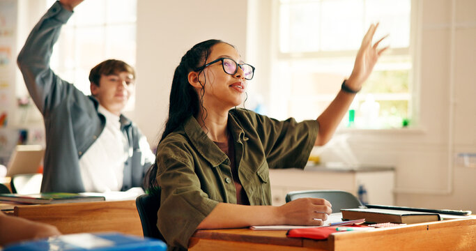 Hands, question and students in classroom at high school for learning, education and lesson. Youth, academy and girl with gesture for asking, discussion and answer for assessment, quiz and knowledge