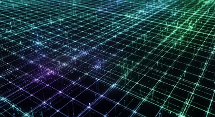 Abstract Digital Grid: Glowing Lines and Data Visualization on Black Background.