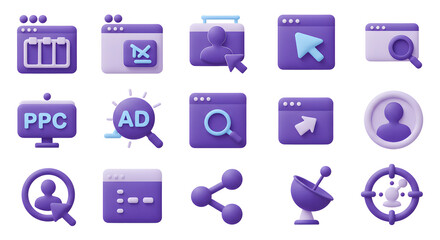 Modern 3D render of a purple icon set for digital marketing, illustrating concepts of SEO, PPC, social media sharing, and advertising campaign strategy