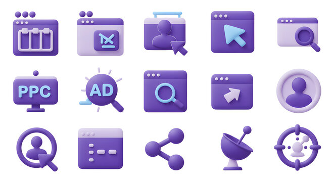 Modern 3D render of a purple icon set for digital marketing, illustrating concepts of SEO, PPC, social media sharing, and advertising campaign strategy
