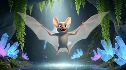 Cheerful animated bat flying joyfully in a cave surrounded by glowing crystals and greenery - Powered by Adobe