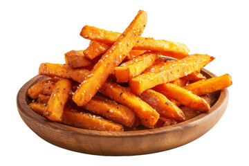 Kumara sweet potato fries with black pepper and herbs on wooden plate, isolated on white transparent background, concept of New Zealand fast food snack