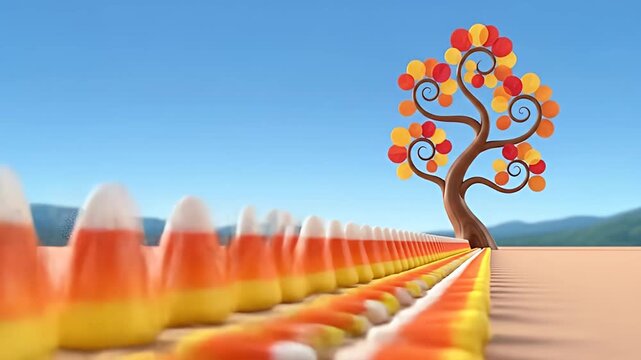 Colorful candy corn arranged in a row with a whimsical tree adorned with autumn leaves in a serene landscape