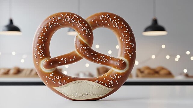 A large, freshly baked pretzel with salt, displayed on a table in a cozy bakery setting