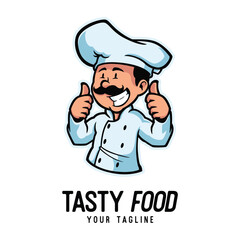 Cartoon Chef Logo with Tasty Food Text, Playful cartoon chef character logo featuring a smiling chef with mustache giving thumbs up, wearing a big white hat and chef coat, with “Tasty Food” text below