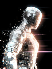 Abstract metallic figure disintegrating, artificial intelligence concept