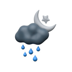3D night sky with crescent moon and rainy clouds.