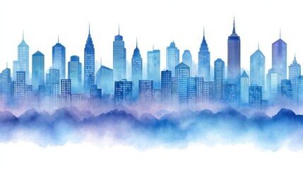 Fototapeta premium Tranquil Cityscape Watercolor Painting in Blue and Purple Hues