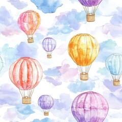 Fototapeta premium Watercolor Hot Air Balloons Seamless Pattern Pastel Clouds Background