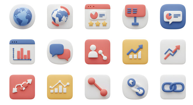 A collection of modern 3D rendered icons representing concepts of digital marketing, data analytics, global communication, and business growth