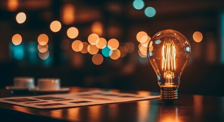 A lit Edison-style light bulb sits on a dark table with papers and coffee cups, blurred lights in the background.
