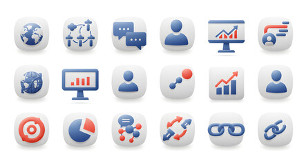 A comprehensive set of stylized icons for corporate websites and digital platforms, illustrating themes of data visualization, global networking, and user engagement