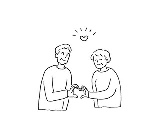 ハートポーズをする高齢男性と女性、
シルバーカップル、高齢カップル、線画、
