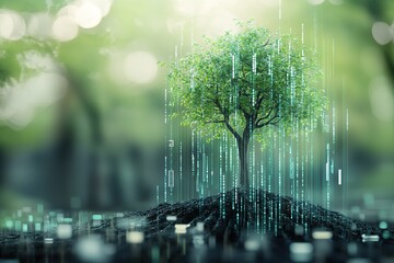 A tree growing from a digital financial graph, symbolizing business growth through sustainability, ethical investments, and environmental responsibility, futuristic 3D render