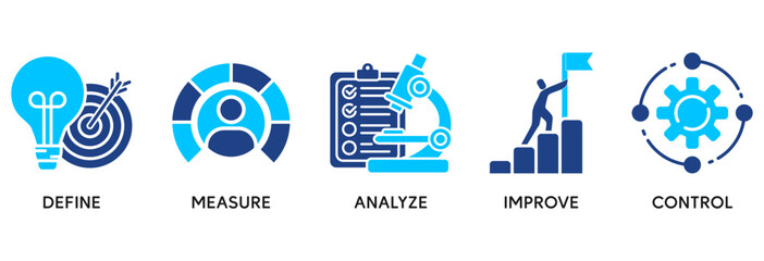Lean six sigma icon set in Blue style Flat vector illustration concept relate to  process improvement with icon of define, measure, analyze, improve, and control