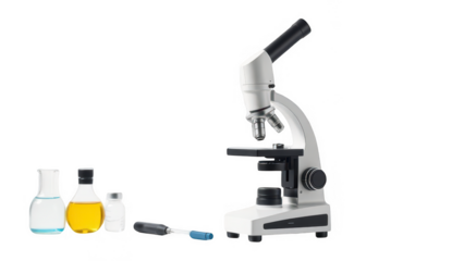 Microscope and laboratory glassware isolated on transparent background for scientific research, education, or medical diagnostics in a clean and modern setting