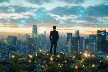 A visionary business leader standing on a rooftop garden, overlooking a futuristic city powered by renewable energy, symbolizing sustainable corporate growth, glowing ESG data floating in the air