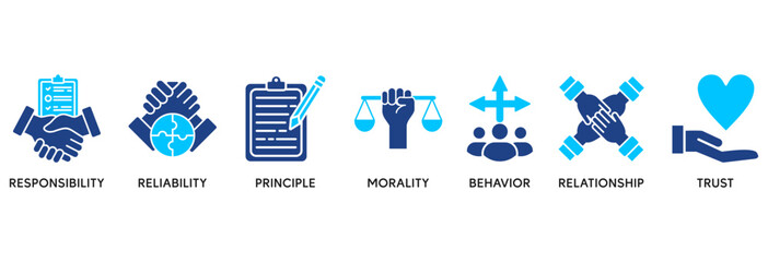 Business ethics icon set in Blue style Flat vector illustration concept relate to  web and print with an icon of responsibility, reliability, principle, morality, behavior, relationship, and trust