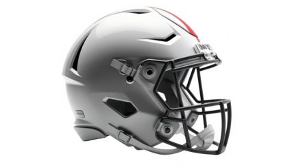 Football helmet isolated on transparent background the helmet is silver with a red stripe and a black face mask, used for american football game