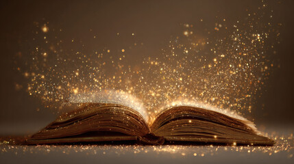 Open Book Glowing with Magical Golden Sparkles in Dreamy, Ethereal Atmosphere