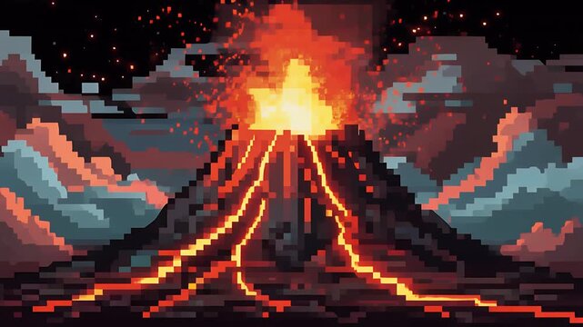 Retro 8-bit pixel volcano eruption scene with glowing lava streams, rising smoke clouds, dynamic pixel art style landscape, nostalgic gaming aesthetic, vibrant fiery explosion 